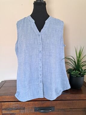 Weatherproof Vintage Blue Sleeveless Button Front Blouse Womens XL Linen Rayon